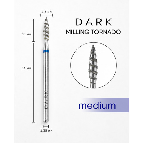 Diamond nail drill bit, tornado, blue, 2.3x10 mm, DARK