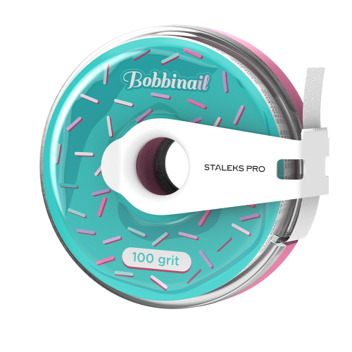 White disposable abrasive tape in a plastic case Bobbinail STALEKS PRO 100 grit AT-100w