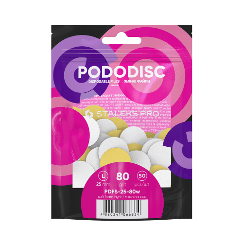 White disposable files on a soft base for pedicure disc PODODISC STALEKS PRO L 80 grit (50 pcs) PDFS-25-80w