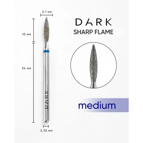 Diamond nail drill bit, sharp flame, blue, 2.1x10 mm, DARK
