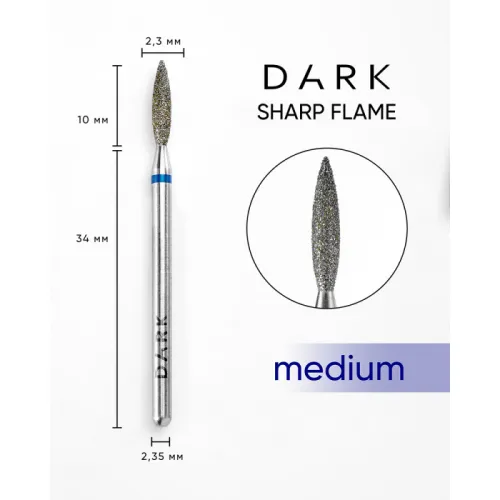 Diamond nail drill bit, sharp flame, blue, 2.3x10 mm, DARK