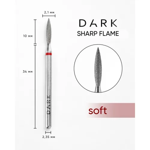 Diamond nail drill bit, sharp flame, red, 2.1x10 mm, DARK