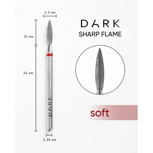 Diamond nail drill bit, sharp flame, red, 2.3x10 mm, DARK