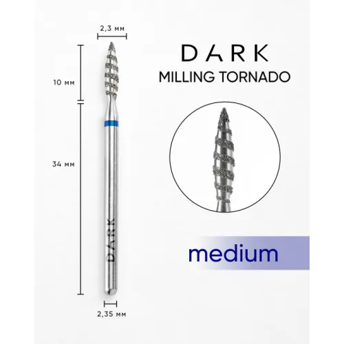 Diamond nail drill bit, tornado, blue, 2.3x10 mm, DARK