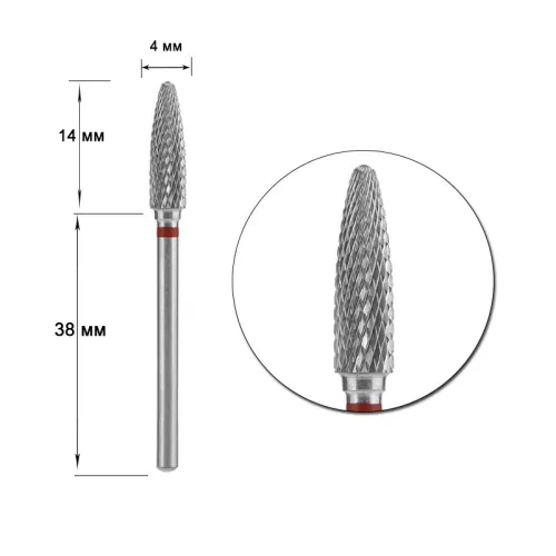 Carbide drill bit, "corn," red, head diameter 4 mm/ working part 14 mm Staleks FT90R040/14