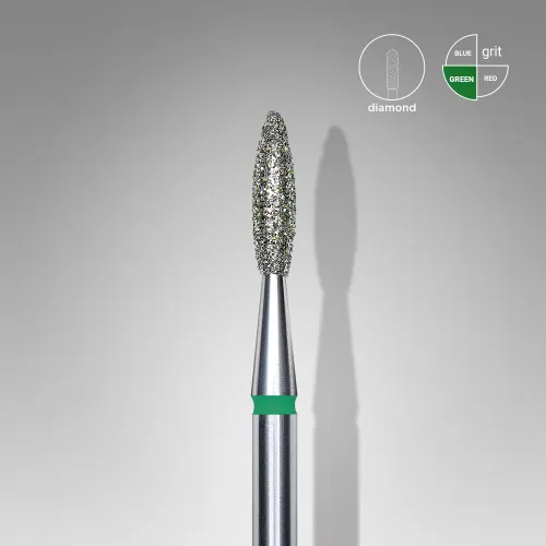 Diamond nail drill bit, "flame" , green, head diameter 2.1 mm/ working part 8 mm Staleks FA10G021/8