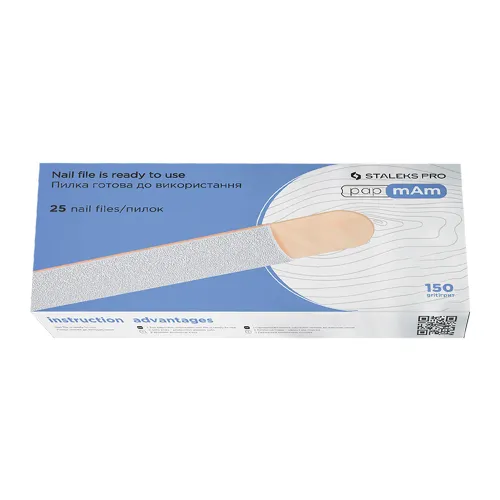 White disposable files papmAm on a wooden base Staleks EXPERT 20 150 grit (25 pcs.) DWCE-20-150/25w